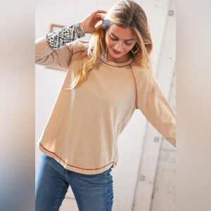 TAUPE COTTON BLEND RIB AZTEC JACQUARD RAGLAN OUTSEAM TOP